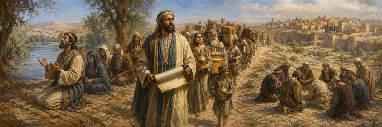 Ezra leads returning families after prayer by the river and later mourns with Jerusalem's leaders